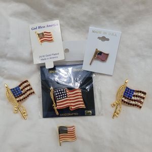 NWT American Flag Patriotic Brooch Tie Pin Lot Genuine Crystal 24K Gold Plated